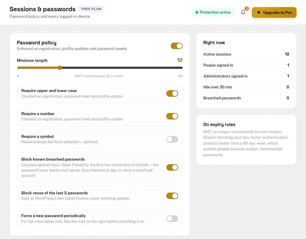 Sessions and passwords screen: password policy with minimum length and switches for case, numbers, breached passwords and reuse, a summary of active sessions, and a table of signed-in sessions with revoke buttons.